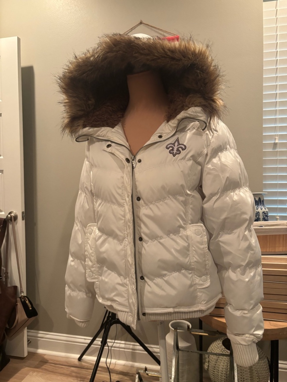Women's Saints White Puffer Coat with Fur Hood